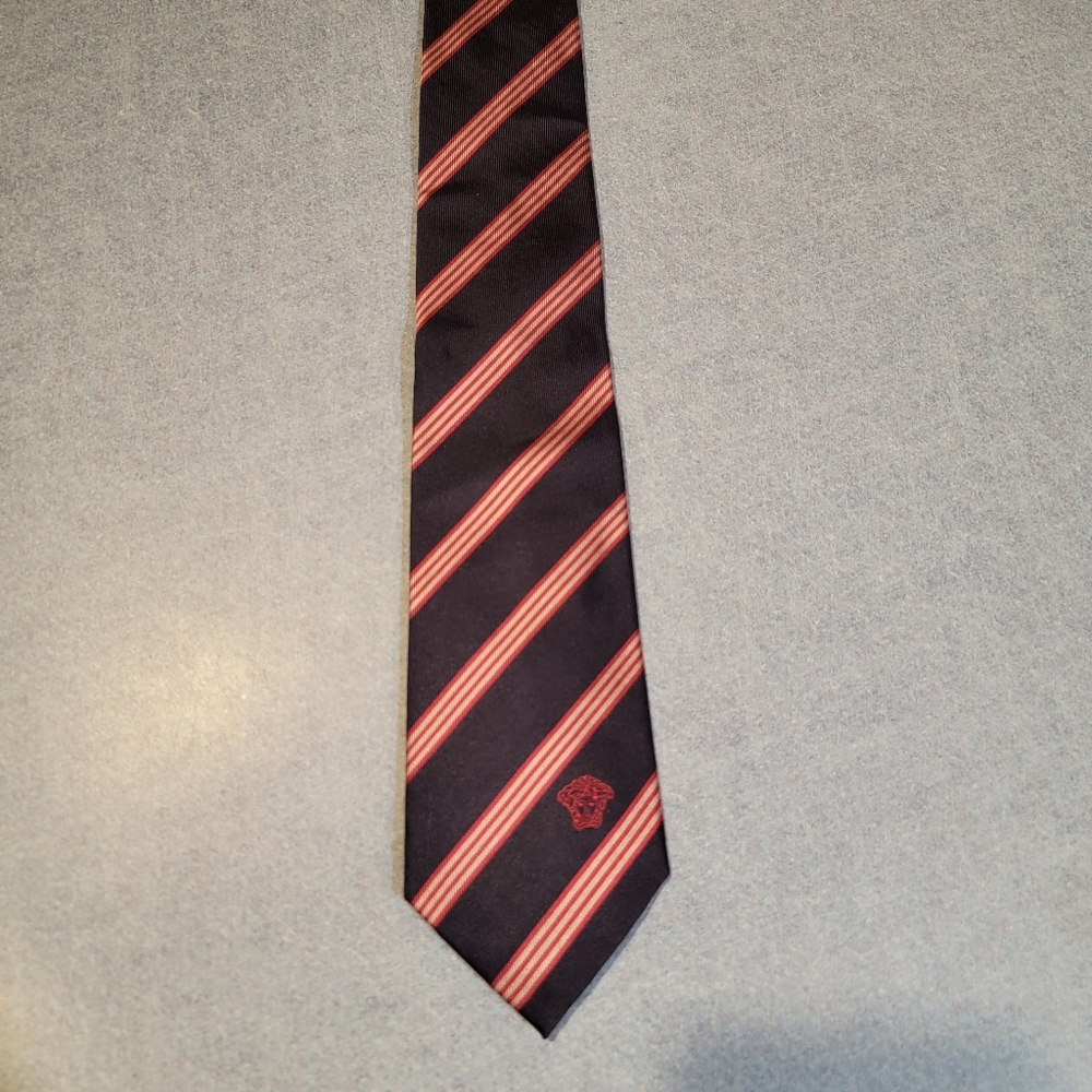 Versace Silk Tie Blue With Red And White Diagonal Stripes